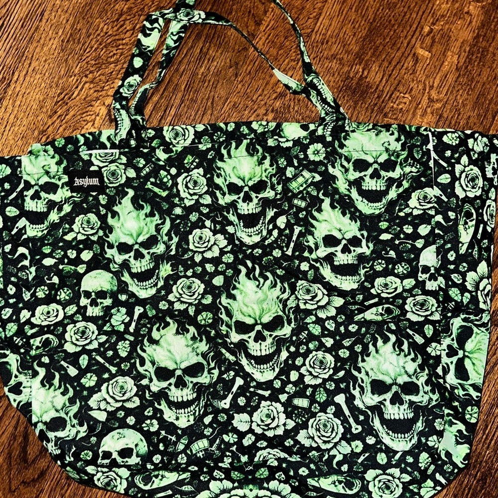 Asylum Green Skull Print Tote Bag - Brand New